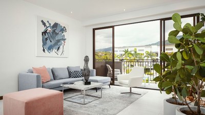 Living room and balcony with beautiful Aras Verdes view - Modern apartments for sale in Santa Ana, San José